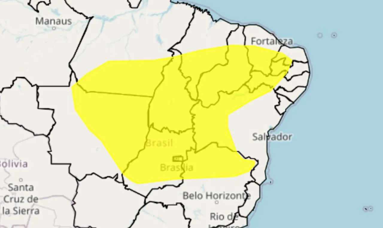 A imagem mostra as &aacute;reas em alerta para baixa umidade nas regi&otilde;es Nordeste, Norte, Centro-Oeste Minas Gerais